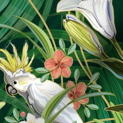 Tropical Art Nouveau Lilies&Cockatoos | Green Palms