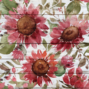 Red Sunflower Watercolor Floral on white wood - extra large scale 
