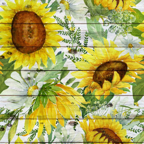 Sunflowers and Daisies Watercolor on a white wood background- extra large scale
