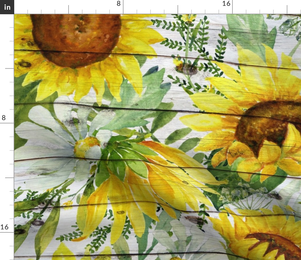 Sunflowers and Daisies Watercolor on a white wood background- extra large scale