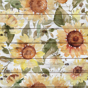 Watercolor sunflowers on white wood background - extra large scale 