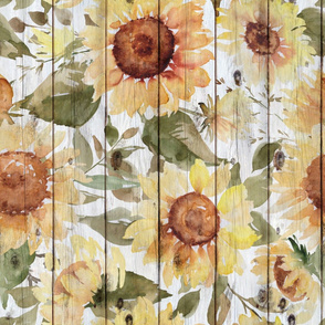 Watercolor sunflowers on white wood background rotated - extra large scale 