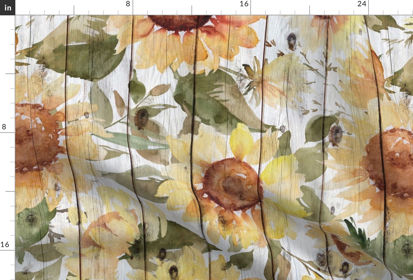 Watercolor sunflowers on white wood background rotated - extra large scale 