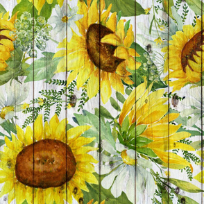 Sunflowers and Daisies Watercolor on a white wood background rotated- extra large scale