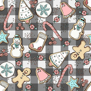Sugar Cookies Candy on Plaid Pink and Aqua Novelty Fabric - Colorful Illustrated Design