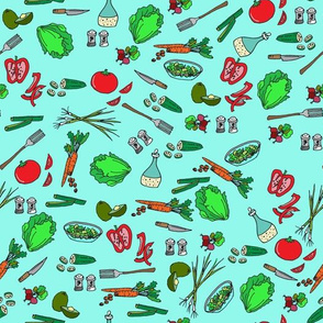 Salad Lovers on Aqua Blue Novelty Fabric - Colorful Illustrated Design