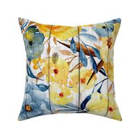 Blue and Golden Watercolor floral on shiplap rotated - extra large scale