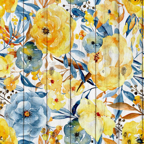 Blue and Golden Watercolor floral on shiplap rotated - extra large scale