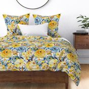 Blue and Golden Watercolor floral on shiplap - extra large scale