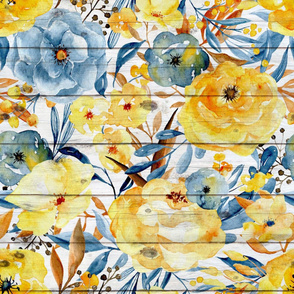 Blue and Golden Watercolor floral on shiplap - extra large scale