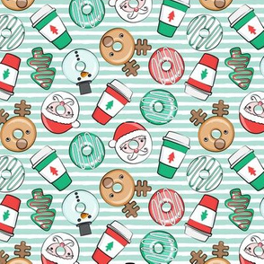 (small scale) Christmas Donuts and Coffee - santa, snowman, reindeer, green and red doughnuts - mint stripes - LAD20