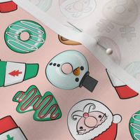 (small scale) Christmas Donuts and Coffee - santa, snowman, reindeer, green and red doughnuts - pink - LAD20