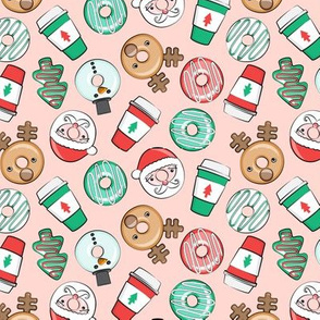(small scale) Christmas Donuts and Coffee - santa, snowman, reindeer, green and red doughnuts - pink - LAD20