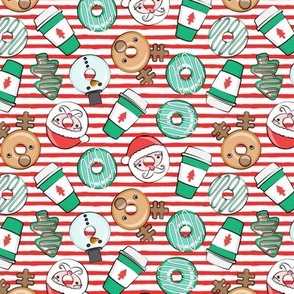 (small scale) Christmas Donuts and Coffee - santa, snowman, reindeer, green and red doughnuts - red stripes - LAD20