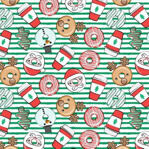 (small scale) Christmas Donuts and Coffee - santa, snowman, reindeer, green and red doughnuts - green stripes - LAD20