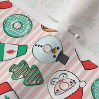 (small scale) Christmas Donuts and Coffee - santa, snowman, reindeer, green and red doughnuts - pink stripes - LAD20