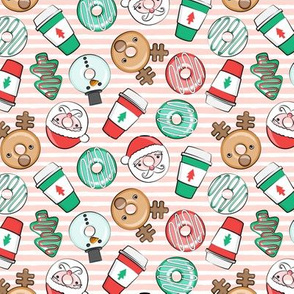 (small scale) Christmas Donuts and Coffee - santa, snowman, reindeer, green and red doughnuts - pink stripes - LAD20