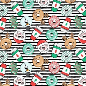 (small scale) Christmas Donuts and Coffee - santa, snowman, reindeer, green and red doughnuts - black stripes - LAD20