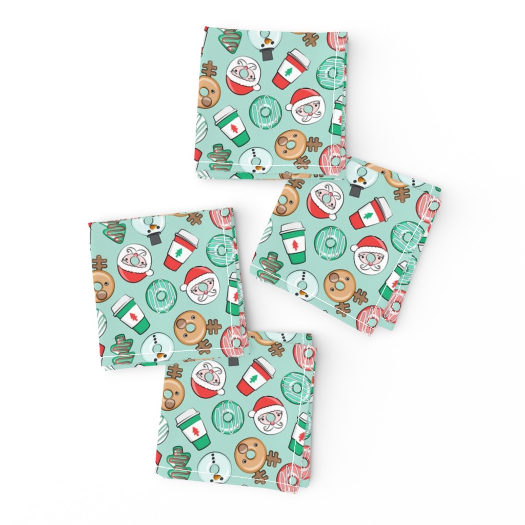 (small scale) Christmas Donuts and Coffee - santa, snowman, reindeer, green and red doughnuts - mint - LAD20