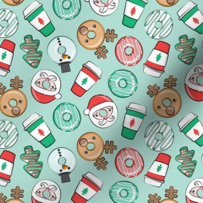 (small scale) Christmas Donuts and Coffee - santa, snowman, reindeer, green and red doughnuts - mint - LAD20