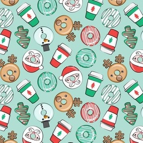 (small scale) Christmas Donuts and Coffee - santa, snowman, reindeer, green and red doughnuts - mint - LAD20