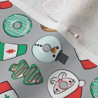 (small scale) Christmas Donuts and Coffee - santa, snowman, reindeer, green and red doughnuts - grey - LAD20