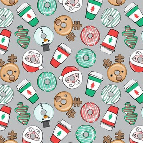 (small scale) Christmas Donuts and Coffee - santa, snowman, reindeer, green and red doughnuts - grey - LAD20