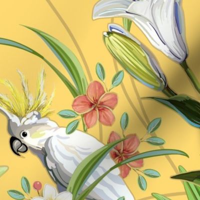 Tropical Lilies & Cockatoos | Solid Creamy Yellow