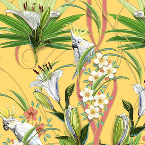 Tropical Lilies & Cockatoos | Solid Creamy Yellow