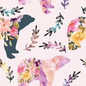 9" floral space bear - purple, pink teal floral bear on pink background