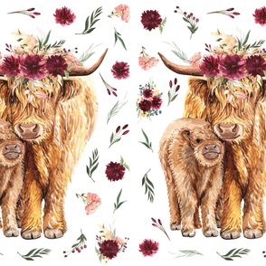 27x36" highland cows with leaves and maroon floral patch