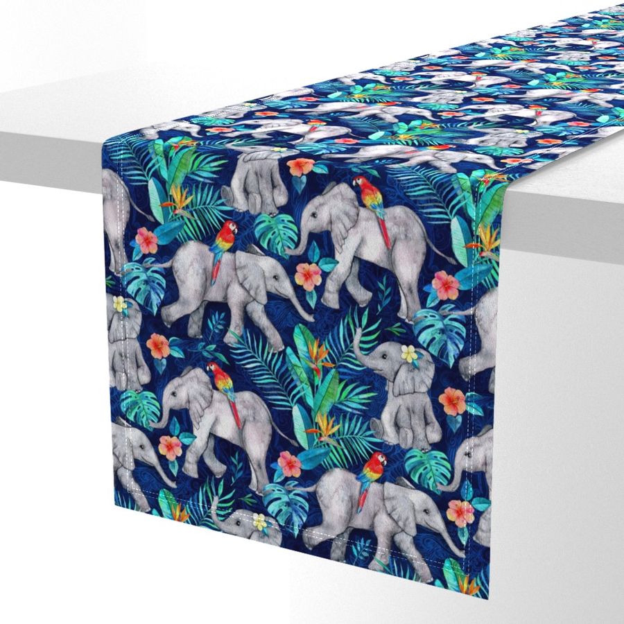 Elephants and Parrots in Indigo Blue - medium