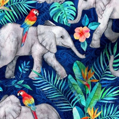 Elephants and Parrots in Indigo Blue - medium