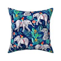 Elephants and Parrots in Indigo Blue - medium