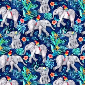 Elephants and Parrots in Indigo Blue - medium