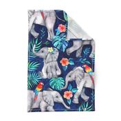 Elephants and Parrots in Indigo Blue