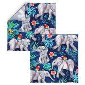 Elephants and Parrots in Indigo Blue