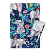 Elephants and Parrots in Indigo Blue