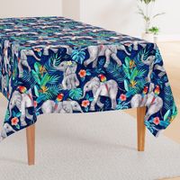 Elephants and Parrots in Indigo Blue