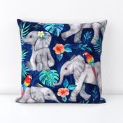 Elephants and Parrots in Indigo Blue