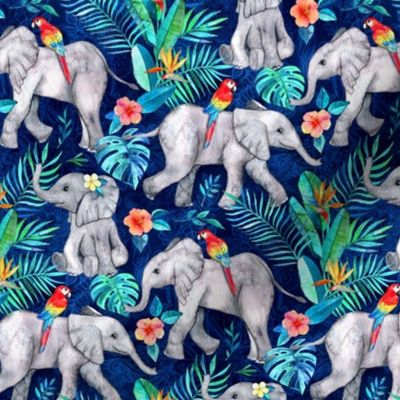Elephants and Parrots in Indigo Blue - small