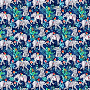 Elephants and Parrots in Indigo Blue - small