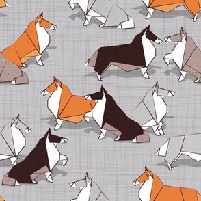 Normal scale // Origami Collie friends // grey linen texture background white orange & brown paper and cardboard dogs