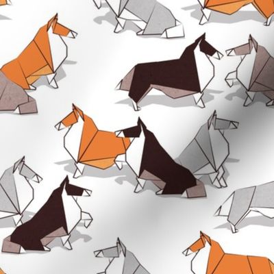 Small scale // Origami Collie friends // white background white orange & brown paper and cardboard dogs
