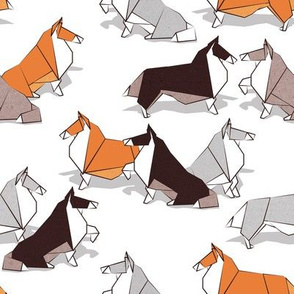 Small scale // Origami Collie friends // white background white orange & brown paper and cardboard dogs