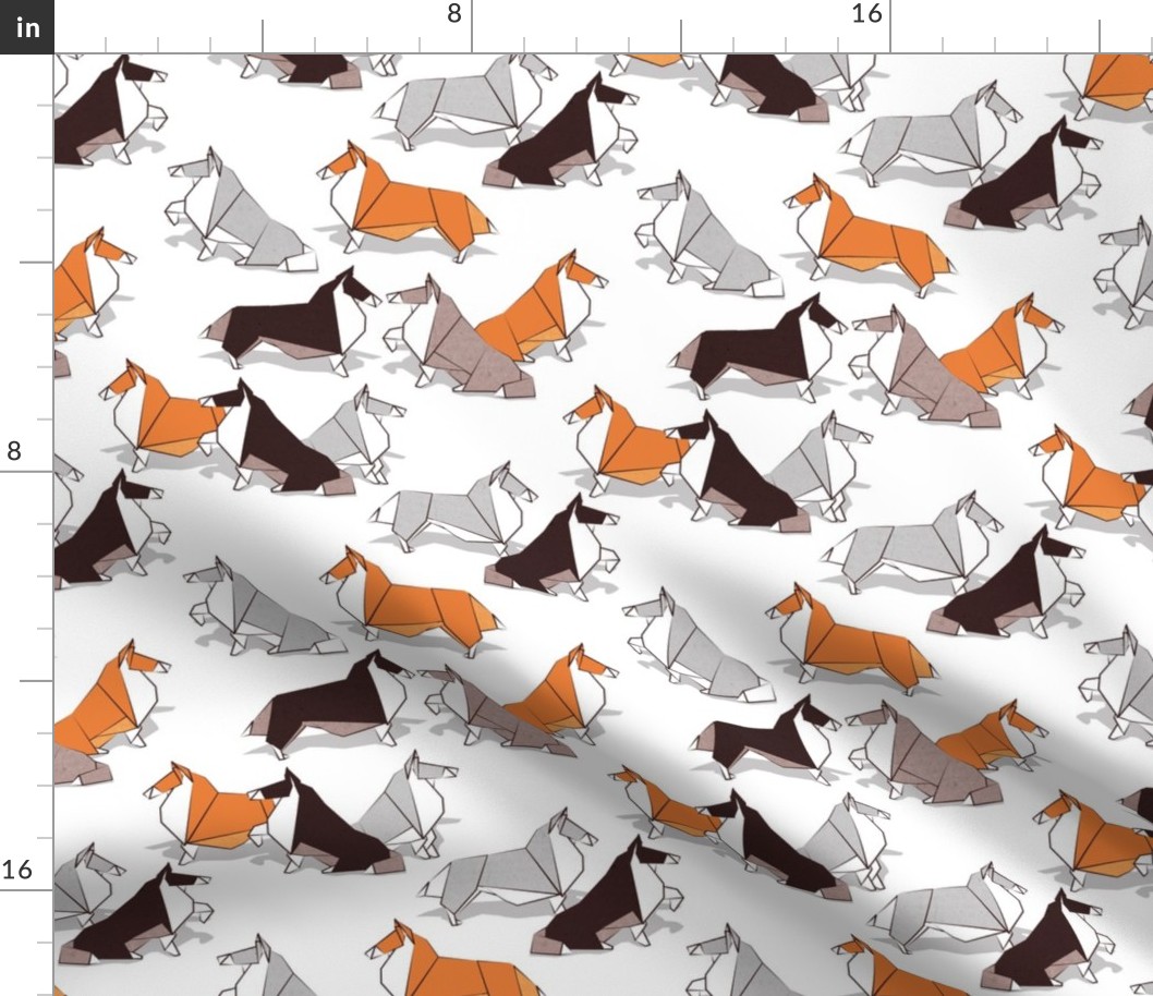 Small scale // Origami Collie friends // white background white orange & brown paper and cardboard dogs