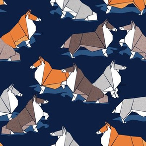 Small scale // Origami Collie friends // oxford navy blue background white orange & brown paper and cardboard dogs