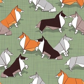 Small scale // Origami Collie friends // sage green linen texture background white orange & brown paper and cardboard dogs