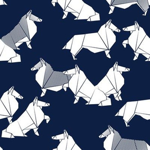 Small scale // Origami Collie friends // oxford navy blue background white paper dogs