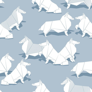 Normal scale // Origami Collie friends // pastel blue background white paper dogs